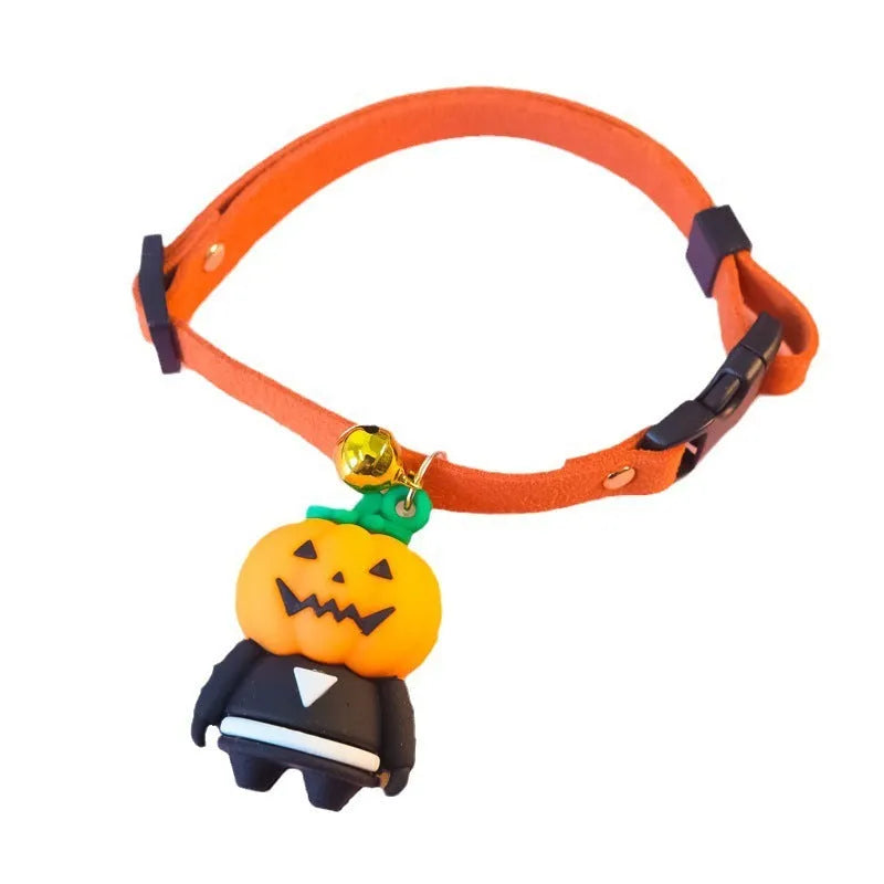 Halloween pet collar decoration with pumpkin man pattern showing adjustable sizing for dog collars