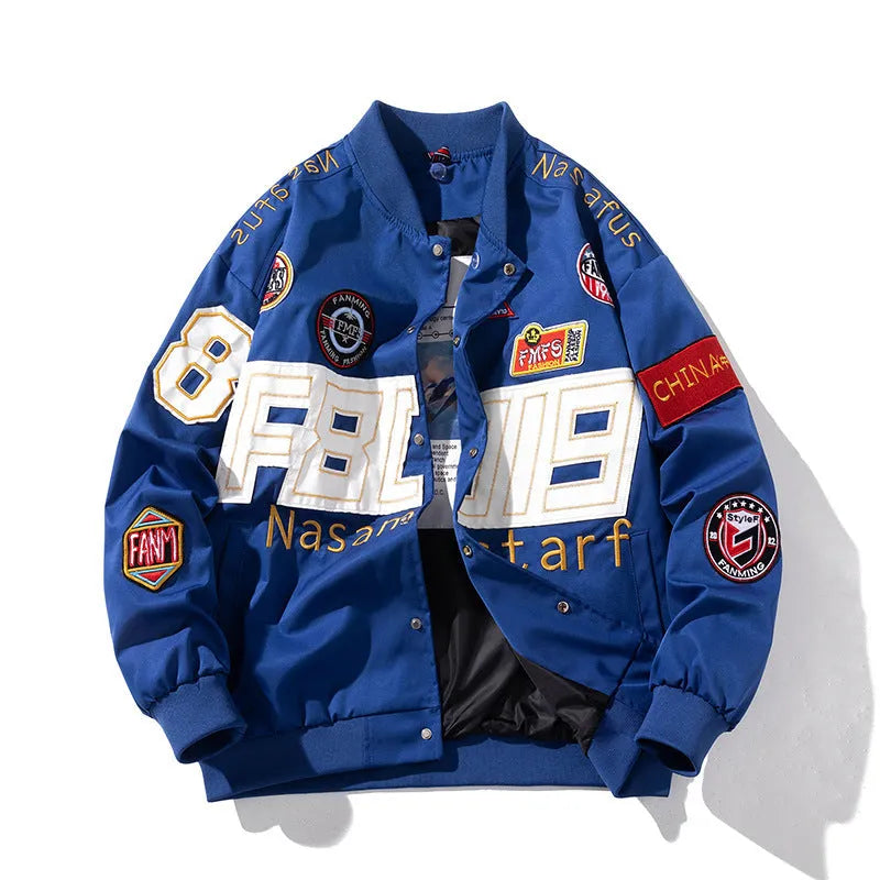 Loose-fit black motorcycle couple baseball jacket with side pockets and a removable hood.