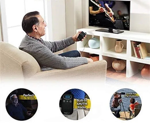 Brilliant coloured handheld digital hearing aid booster with a design resembling an FM radio.
