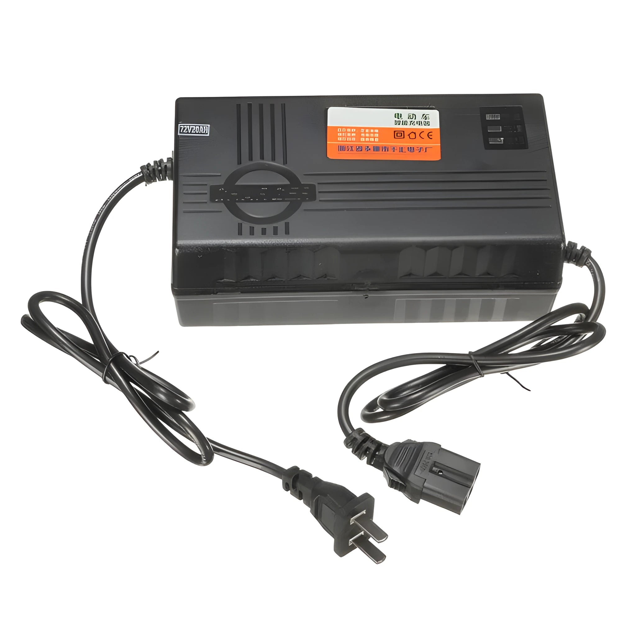 Black 72V 20AH electric car battery charger with compact metal and plastic housing.