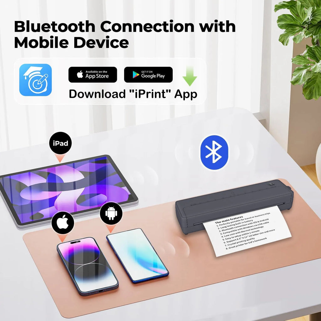 Black and white portable A4 Bluetooth printer with compact design for wireless mobile printing.