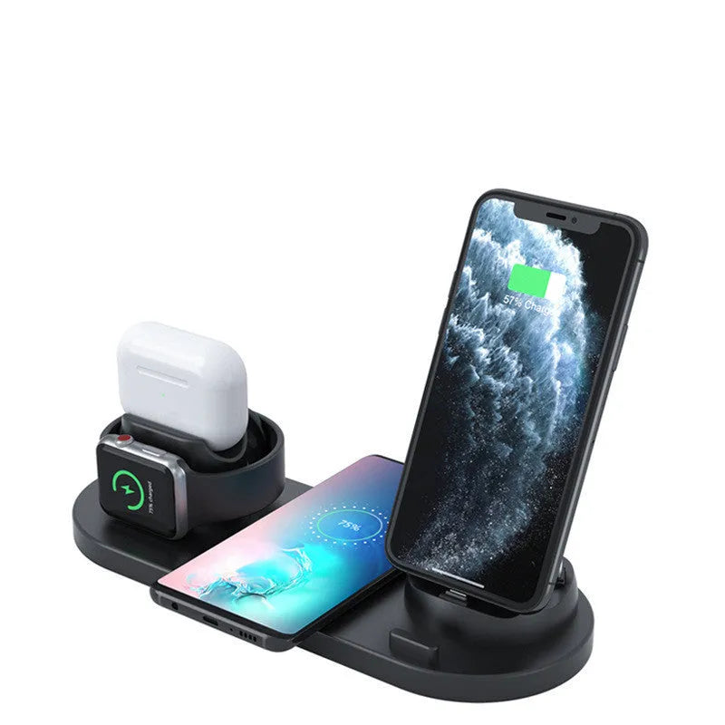 Black and white 6-in-1 wireless charging mobile phone holder showing adjustable stand and charging ports