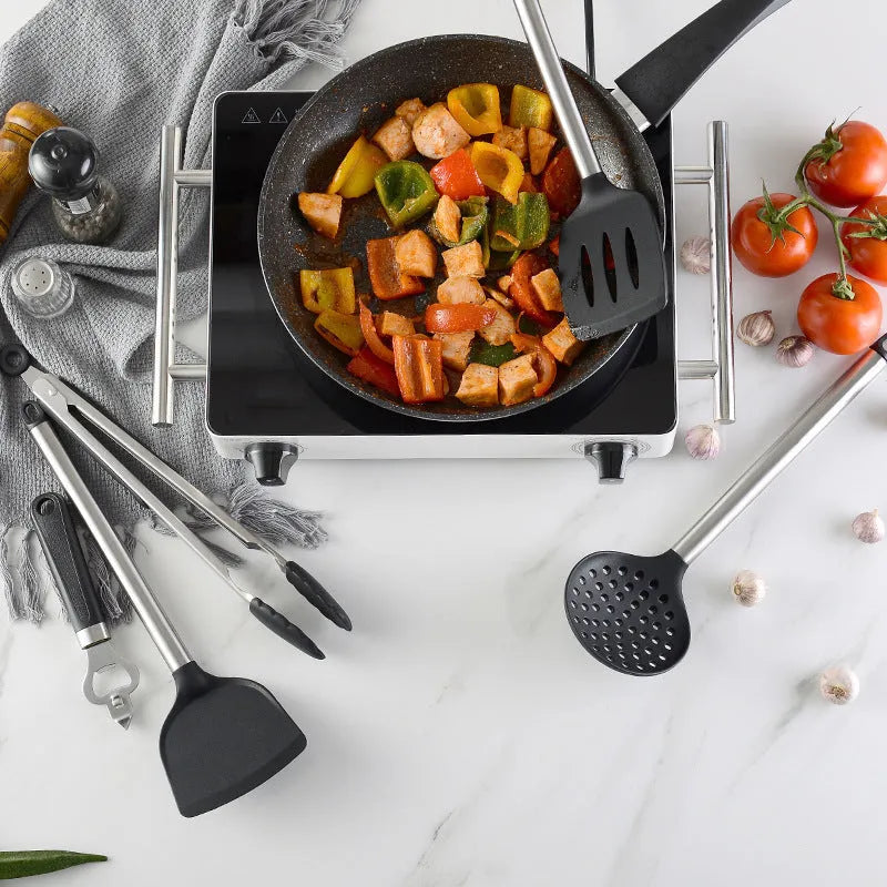 Black silicone spatula spoon set with stainless steel handles - 16 piece kitchen utensil collection