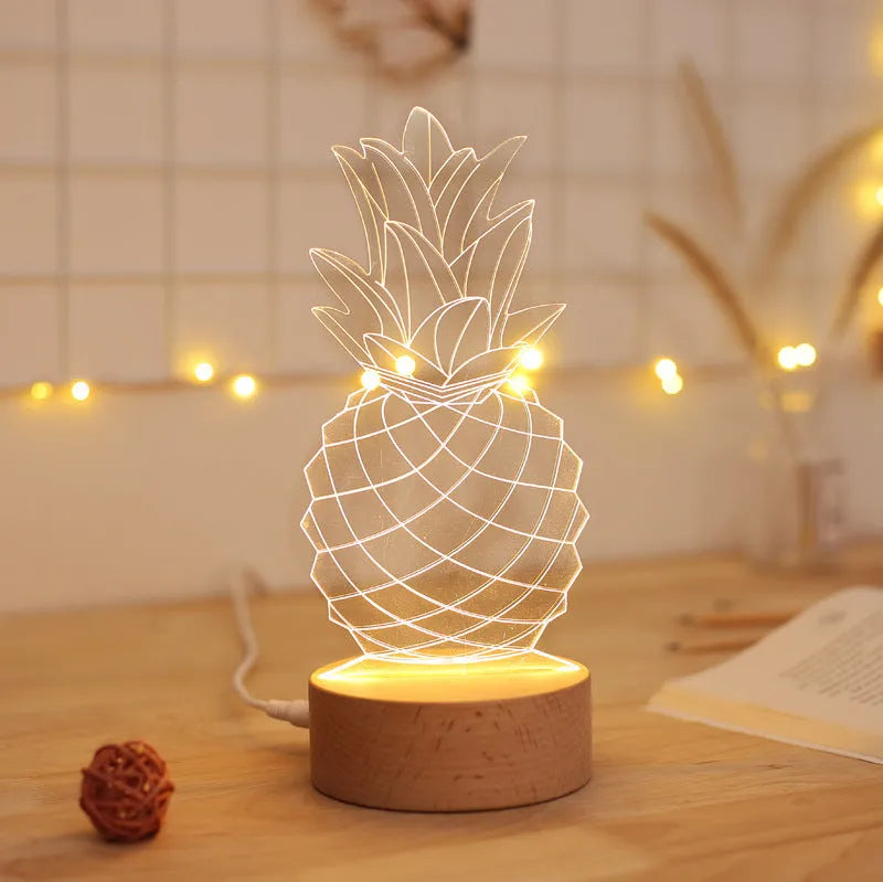 Cartoon pineapple bedside table lamp with wood and acrylic construction measuring 24.5 cm tall