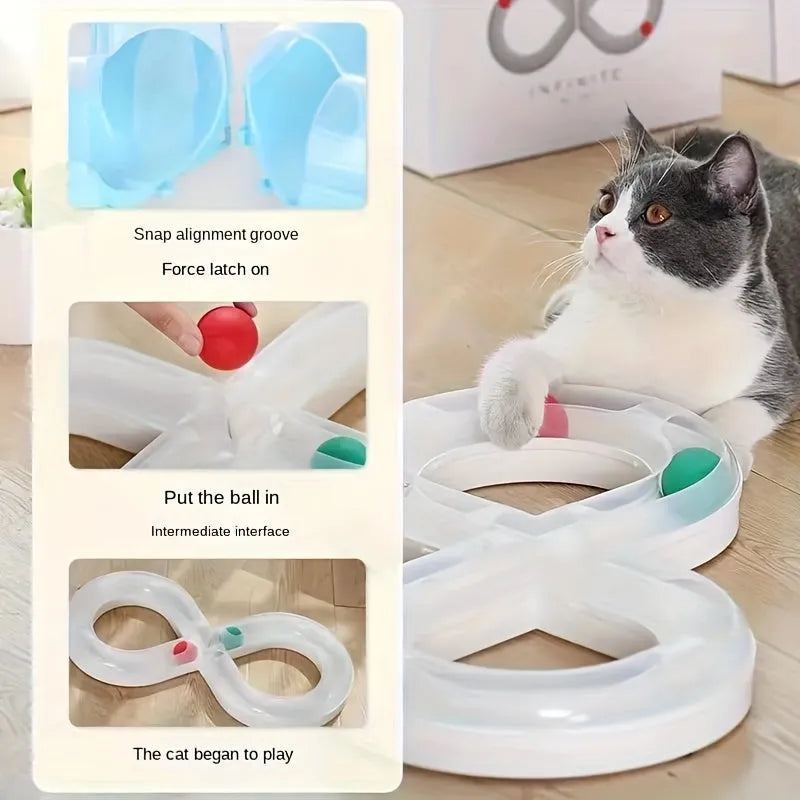 50cm long blue and white cat toy track with turntable, moving balls and teasing sticks for feline entertainment