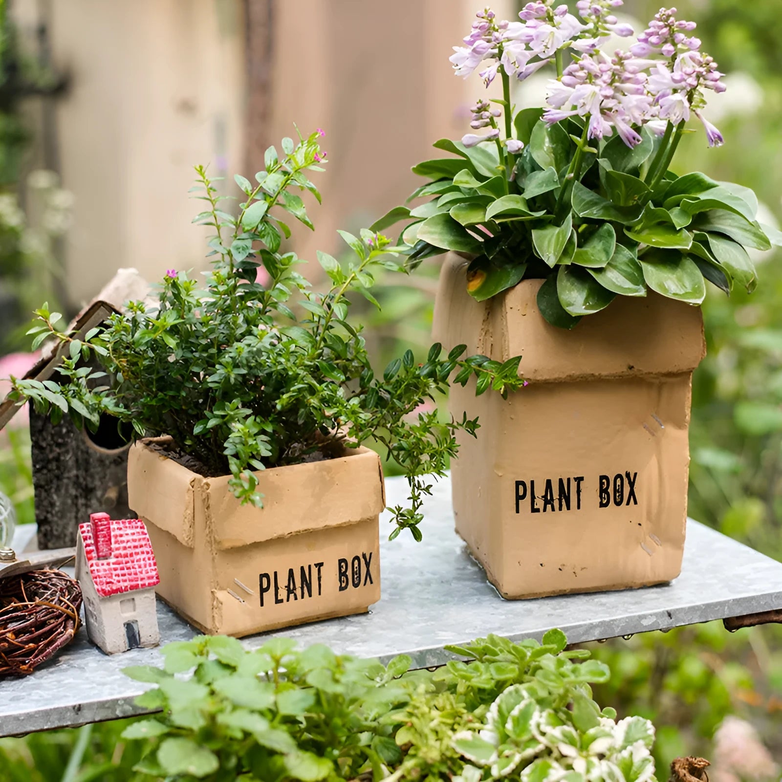 Cement brown paper box flowerpot with drainage holes for indoor balcony planting in Nordic style