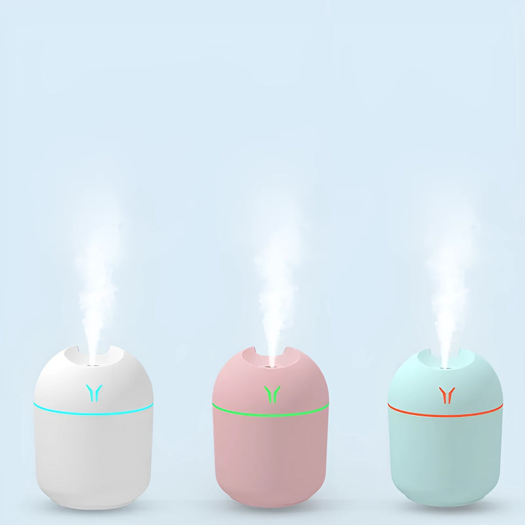 Compact round USB desktop humidifier diffuser in pink, white, or blue with 250ml tank.