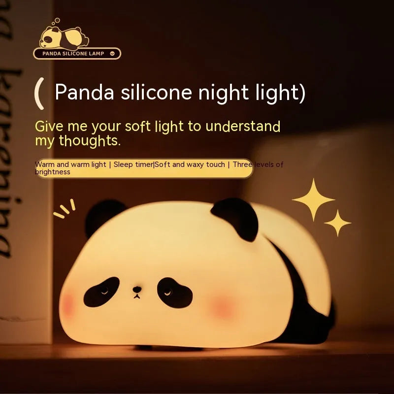 Cartoon panda night light with soft glow, showing BPA-free silicone construction and compact 150x130x80mm dimensions