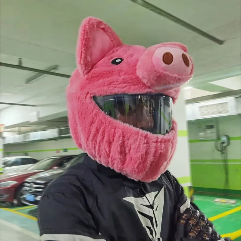 Pink cartoon pig plush helmet protective hood for motorcycle helmets with detachable sleeve