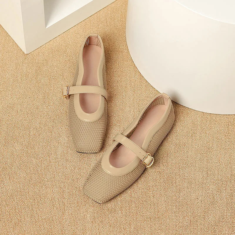 Women's beige mesh buckle sandals with a square toe and flat heel on a white background.