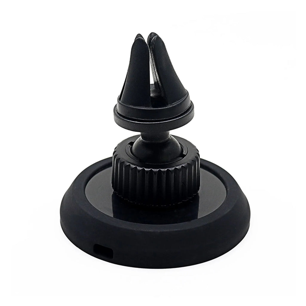 Black plastic magnetic car phone holder showing dashboard and air vent mounting options