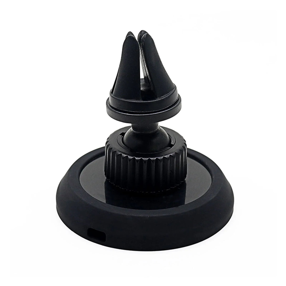 Black plastic magnetic car phone holder showing dashboard and air vent mounting options