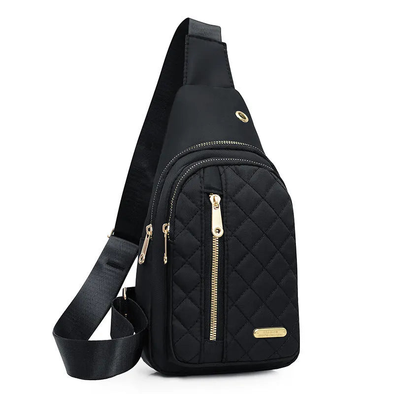 Girls' crossbody sports chest bag in Oxford cloth with plaid design, shown in a dark blue colour.