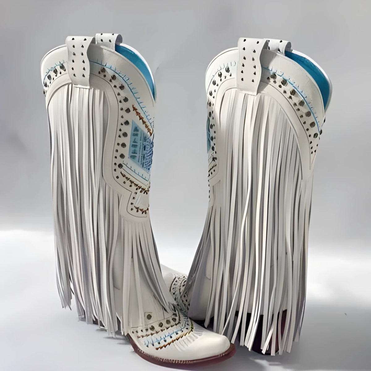 White retro embroidered slip-on boots for women with tassel details and chunky heel, microfiber lining, sizes 35-40
