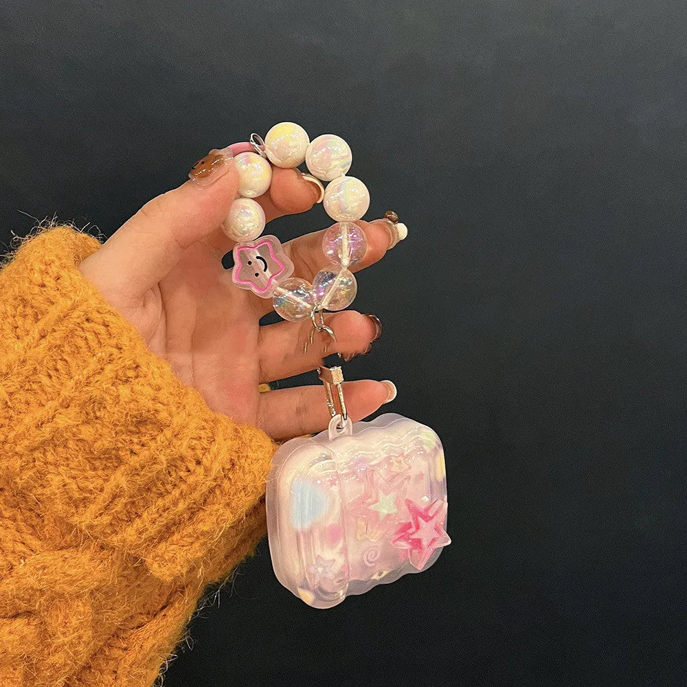 Pink transparent silicone AirPods case with three-dimensional five-pointed star design and star hand rope