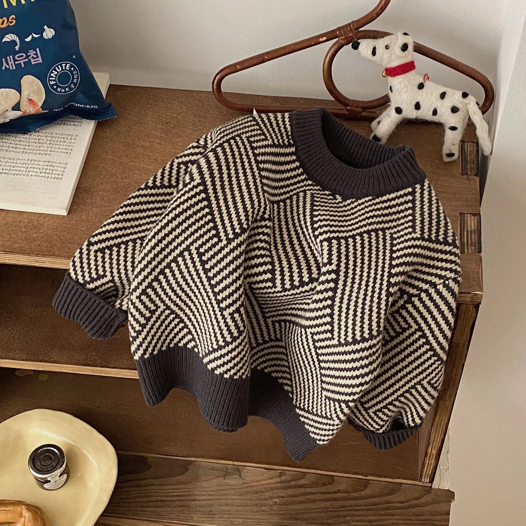 Dark gray striped children's pullover sweater in acrylic knit, sizes 90cm to 140cm