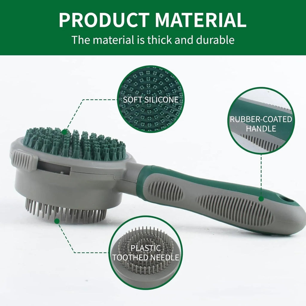 Green and pink 2-in-1 silicone cat grooming brush showing slicker brush and massager sides