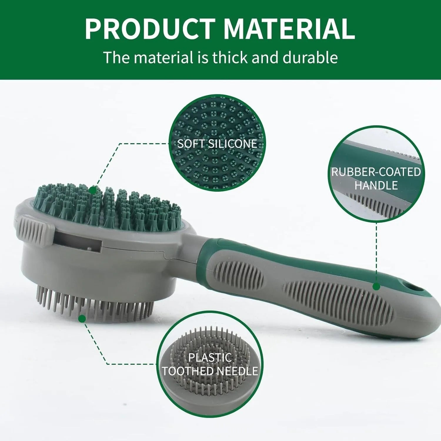 Green and pink 2-in-1 silicone cat grooming brush showing slicker brush and massager sides