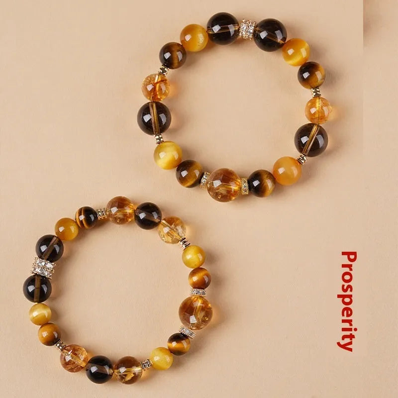 Geometric crystal bracelet with natural yellow tower and tiger-eye elements for unisex office fashion wear
