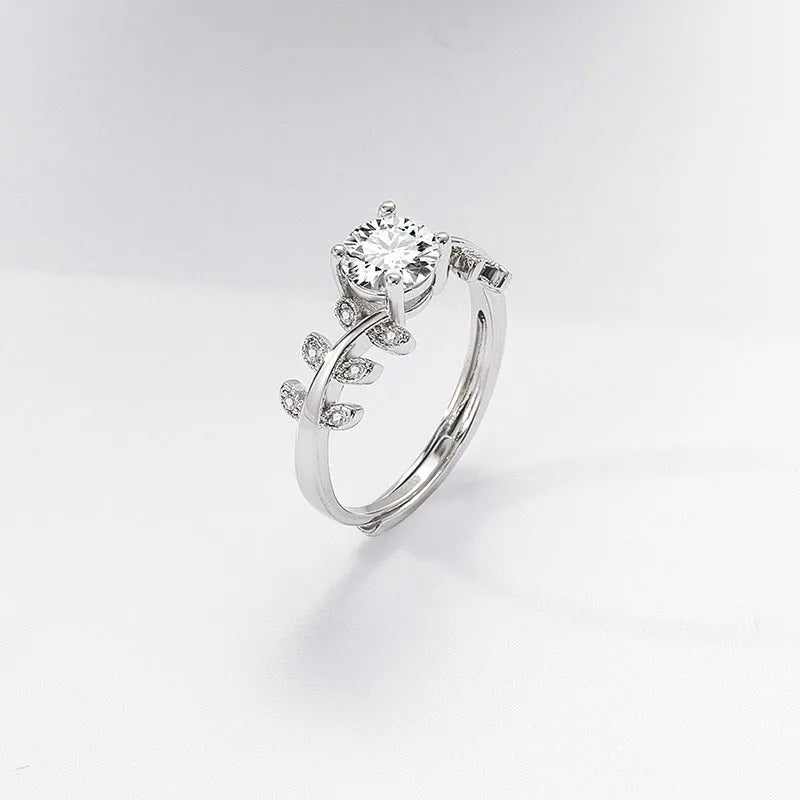1 carat leaf ring for women, white gold colour electroplated copper, adjustable open band