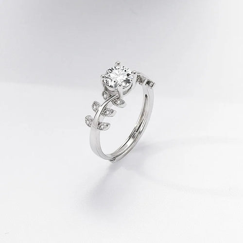 1 carat leaf ring for women, white gold colour electroplated copper, adjustable open band