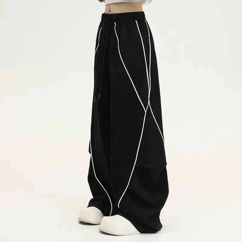 Black striped pleated hip hop wide-leg pants with mid waist and loose fit