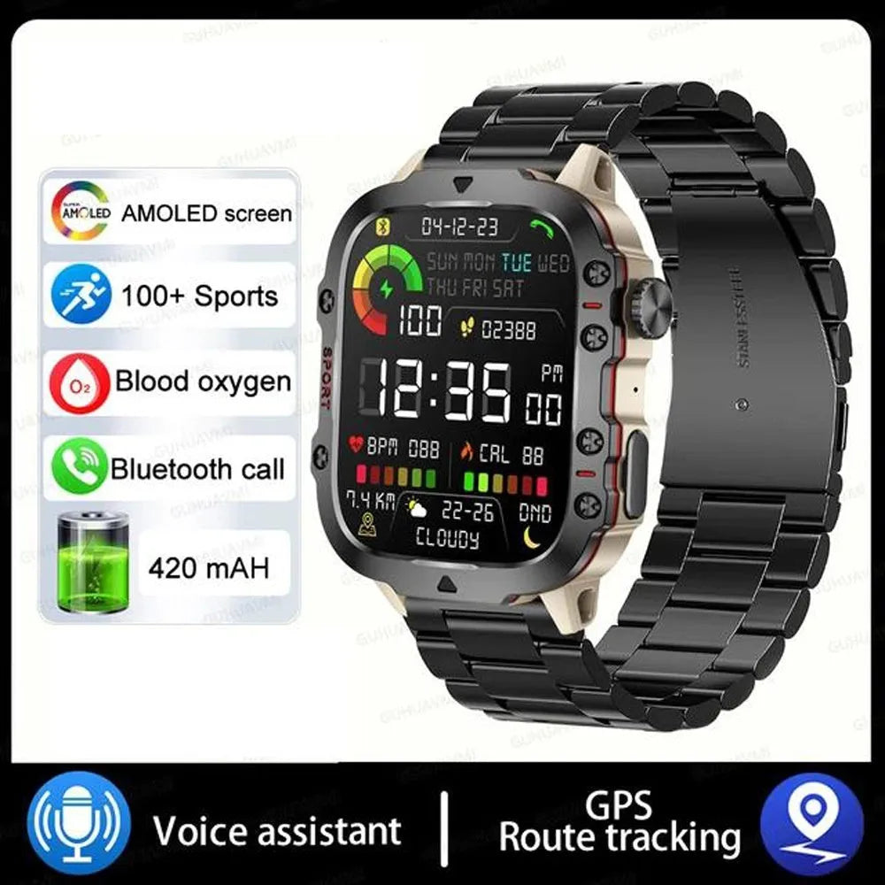 QX11 smart watch with TFT screen on wrist, showing black and khaki colour options with different strap styles.