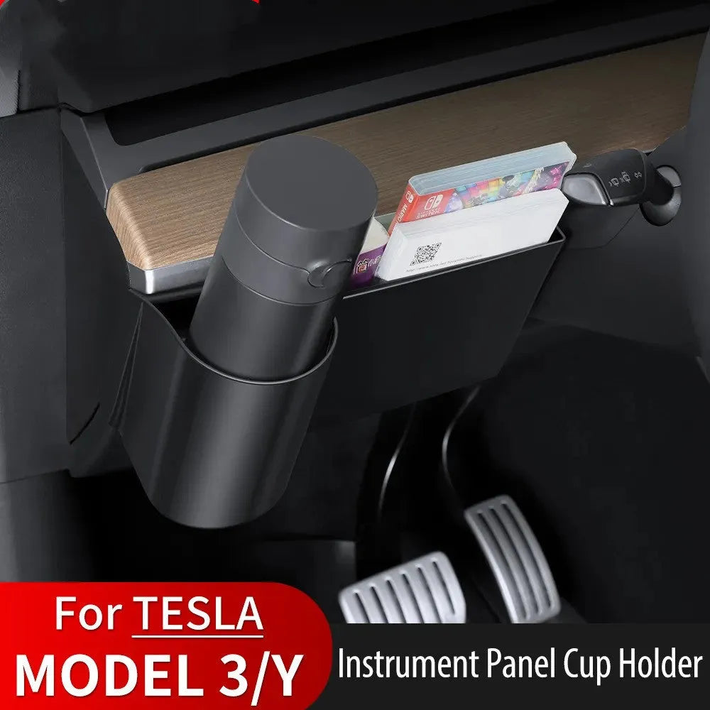 Plastic dashboard cup holder for left-hand drive Tesla Model 3 and Model Y vehicles.