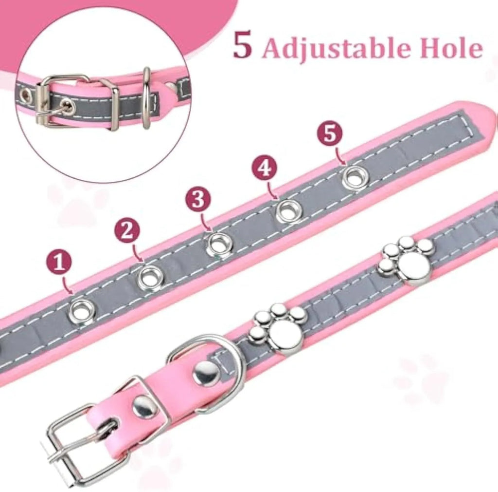 Reflective leather dog collar with a metal paw rivet, shown on an adjustable buckle.