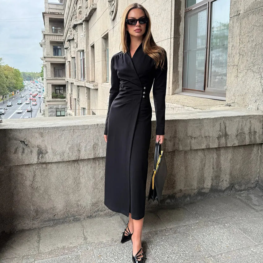 Simple all-matching black long sleeve dress for women polyester hip skirt casual wear