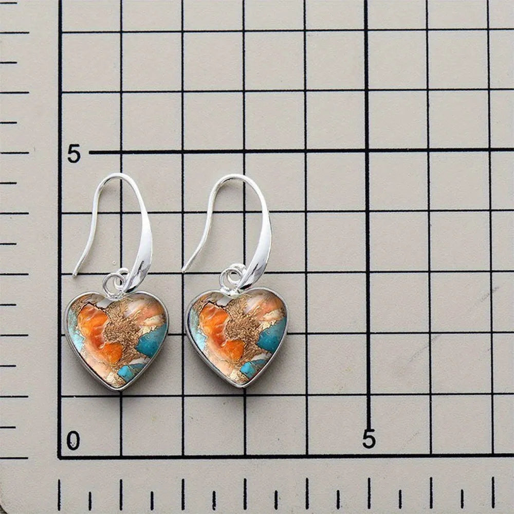 Silver alloy vintage bohemian love pendant earrings with water droplet detail, Korean style, one pair