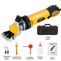 Yellow electric wool shears and accessory kit for 110V sheep shearing, including multiple blades in a plastic case.