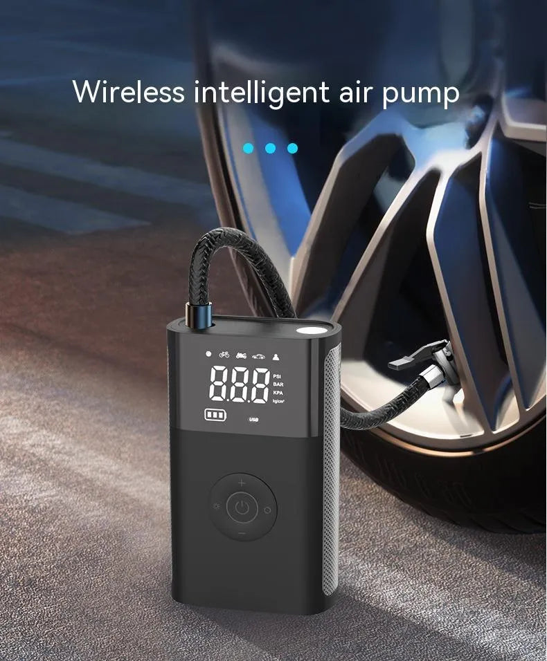 Wireless handheld digital display air pump with LED light and accessory nozzles for car and bicycle tyres