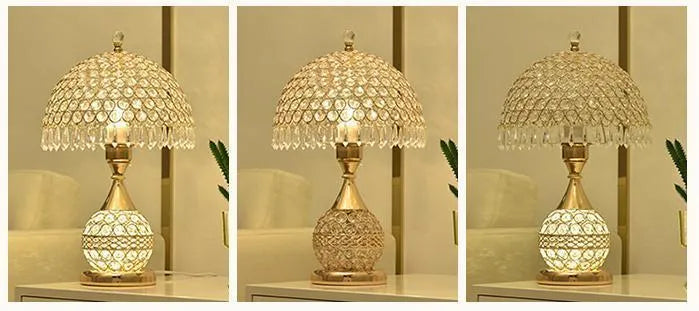 Gold crystal desk lamp with iron art base and remote control on a wooden table