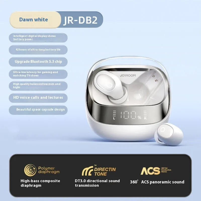 Dawn White wireless Bluetooth in-ear headphones with charging case on a table.