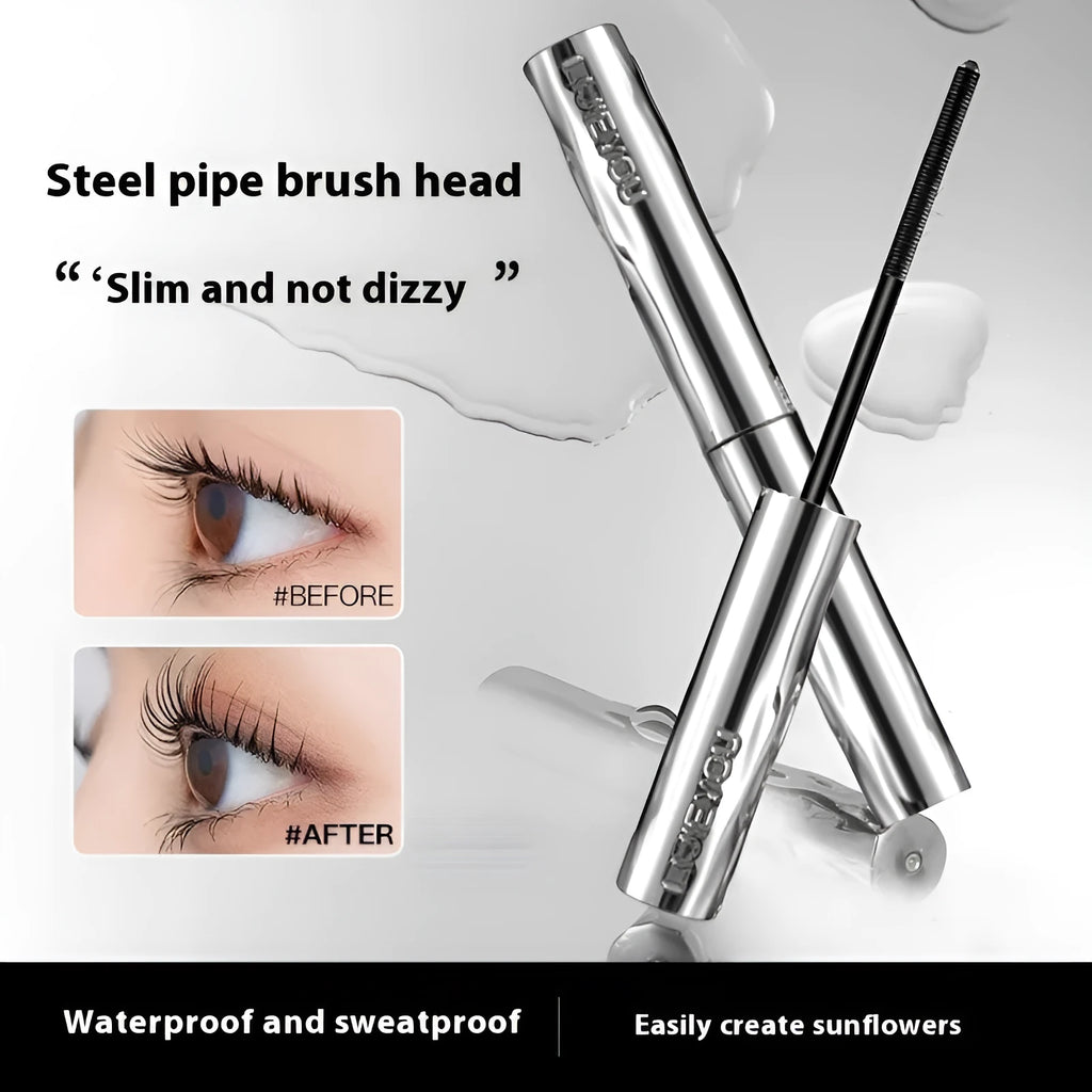 Black and brown waterproof steel tube mascara with optional eyelash curler.