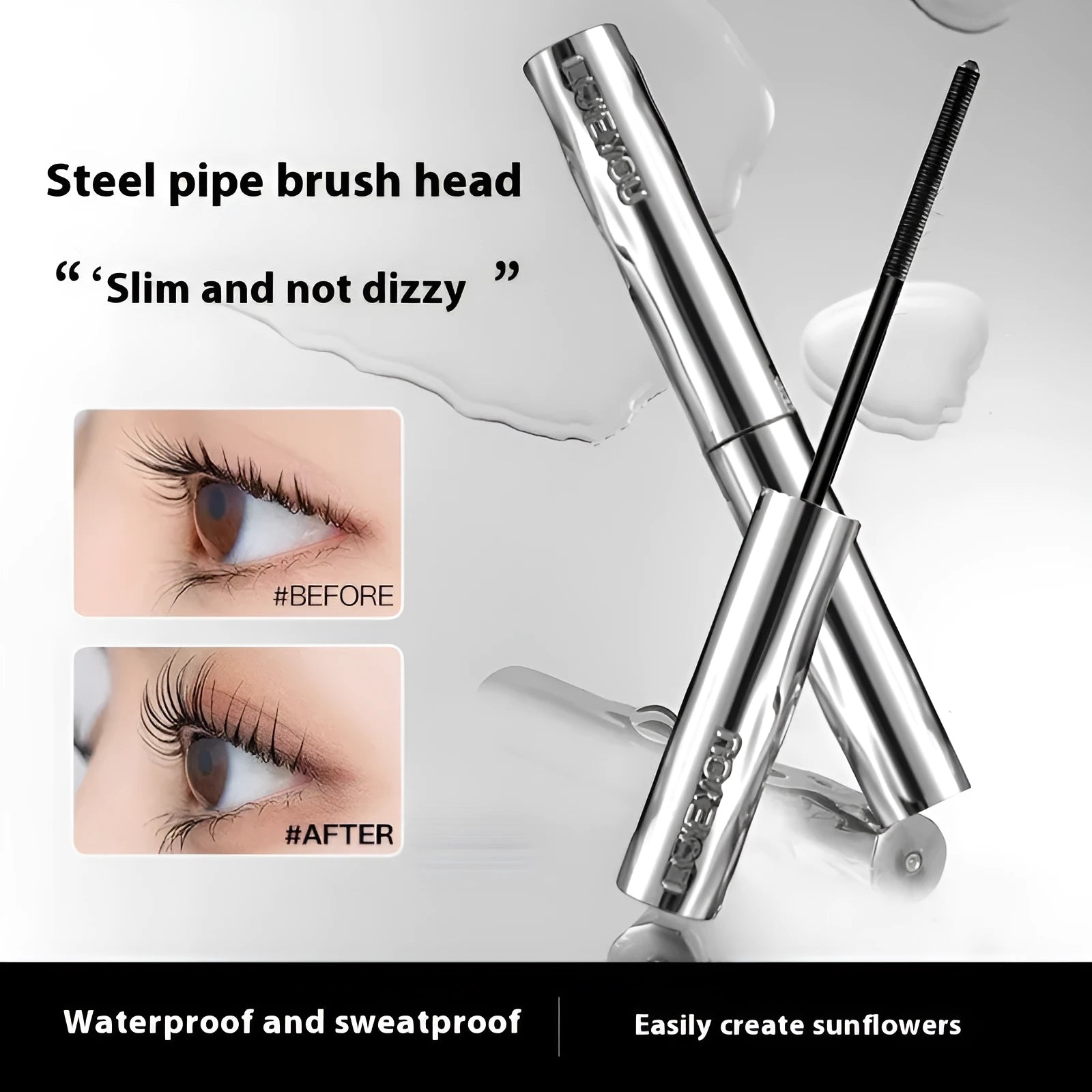 Black and brown waterproof steel tube mascara with optional eyelash curler.
