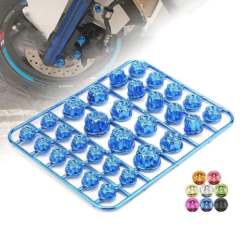 Set of 30 coloured ABS plastic motorcycle engine screw caps in black, red, gold, blue, silver, green, orange and purple
