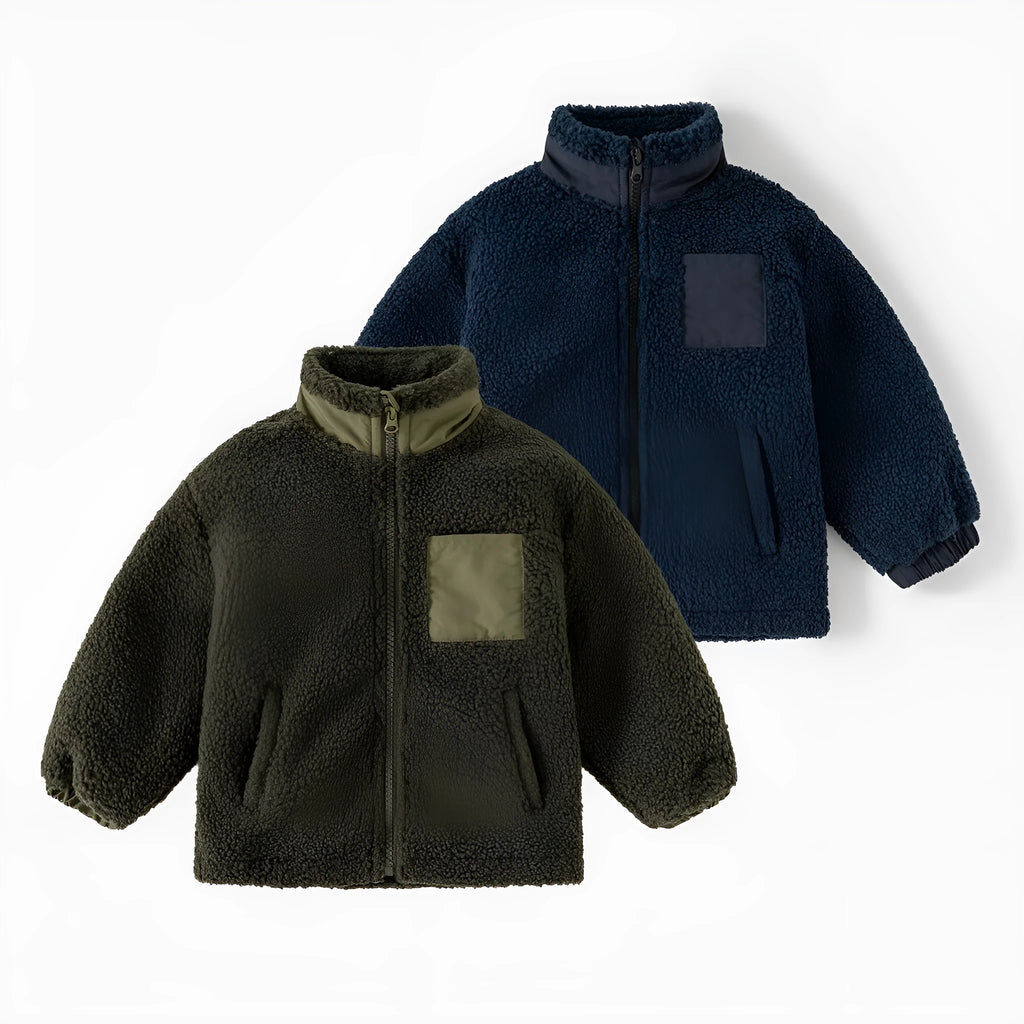 Boys' thickening fleece coat with stand collar and zip in navy blue or army green, sizes 90cm to 130cm