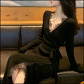 Black women's slim fit woolen skirt with princess dress design on a mannequin
