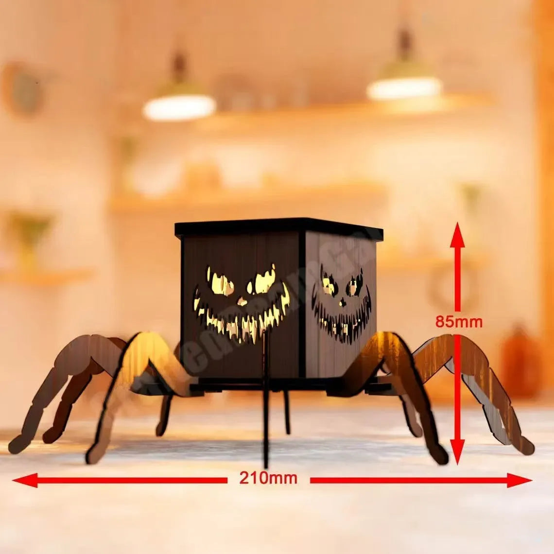 Wooden Halloween spider lantern candlestick decoration measuring 21 by 8.5 centimetres