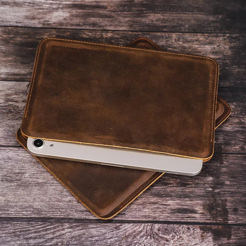 Brown genuine leather iPad protective case in horizontal orientation handmade anti-fall cover
