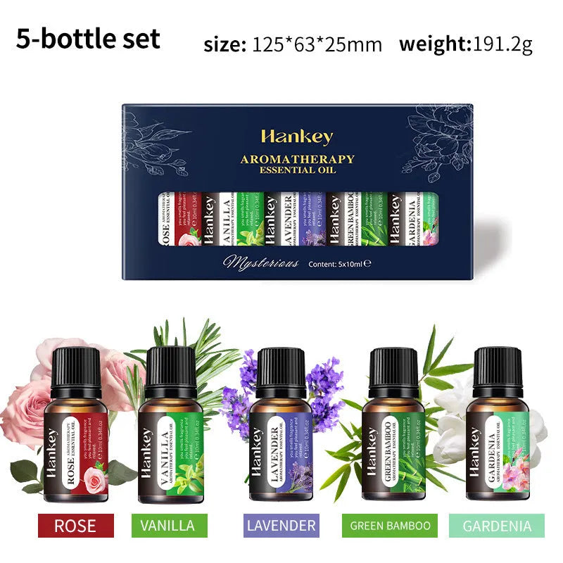 Boxed water-soluble aromatherapy essential oil sets in multiple sizes for diffuser use