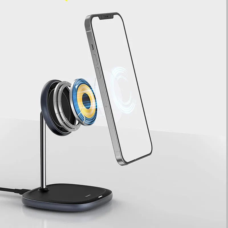 Swan magnetic desktop stand wireless charger in black colour charging an iPhone