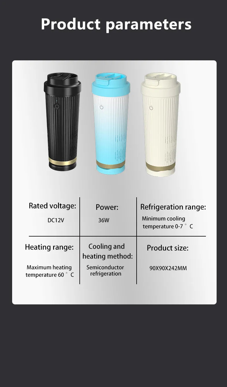 12V car-mounted smart heating and cooling cup, 36W, PP ABS Teflon, 111 x 96 x 235 mm, black blue white