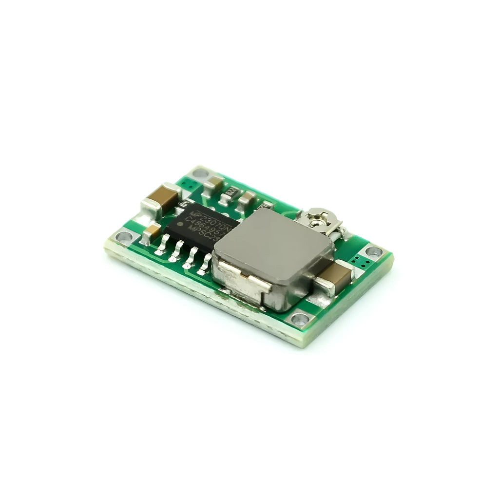 Mini-360 green DC-DC buck converter module measuring 17x11mm with synchronous rectification