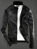Men black PU leather biker jacket with zip front on plain background
