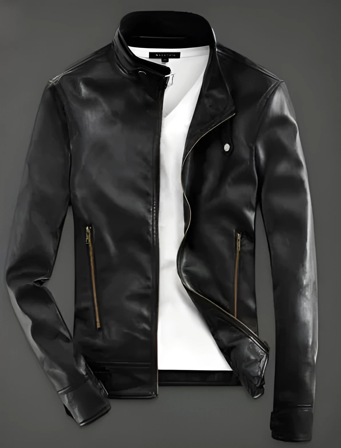 Men black PU leather biker jacket with zip front on plain background