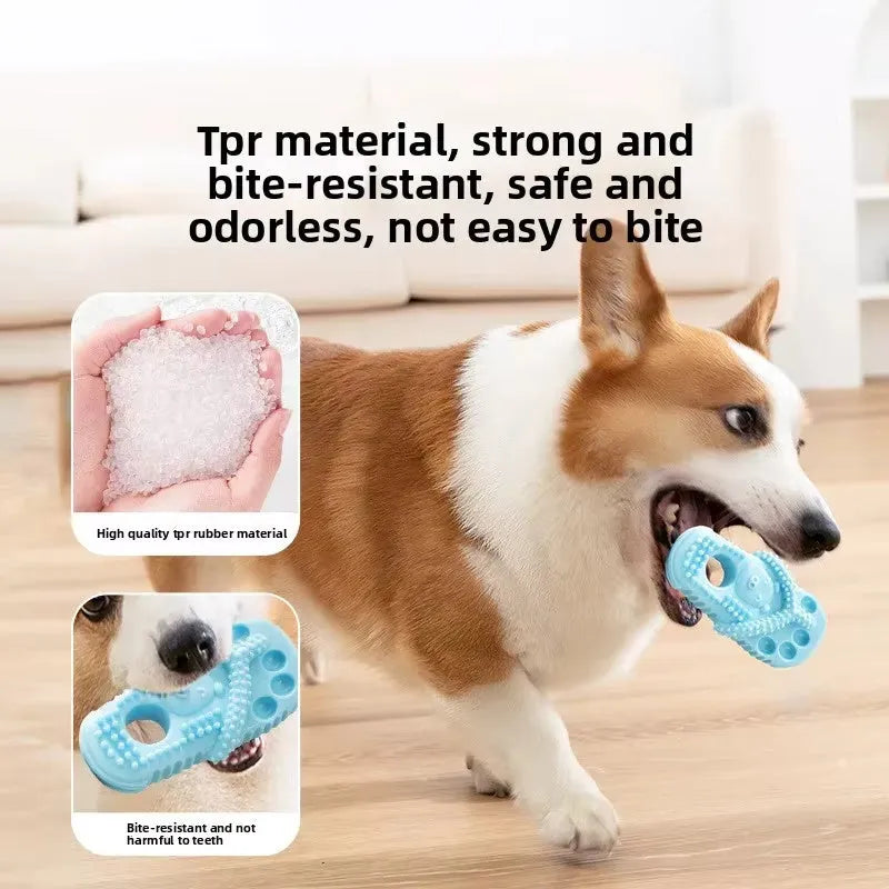 Rubber slipper-shaped dog chew toy for puppies and small to medium dogs in blue, green, orange or pink