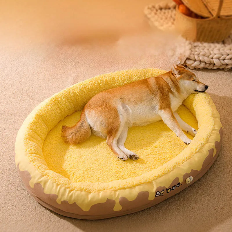 Grey and yellow washable pet bed for dogs and cats with detachable velvet lining